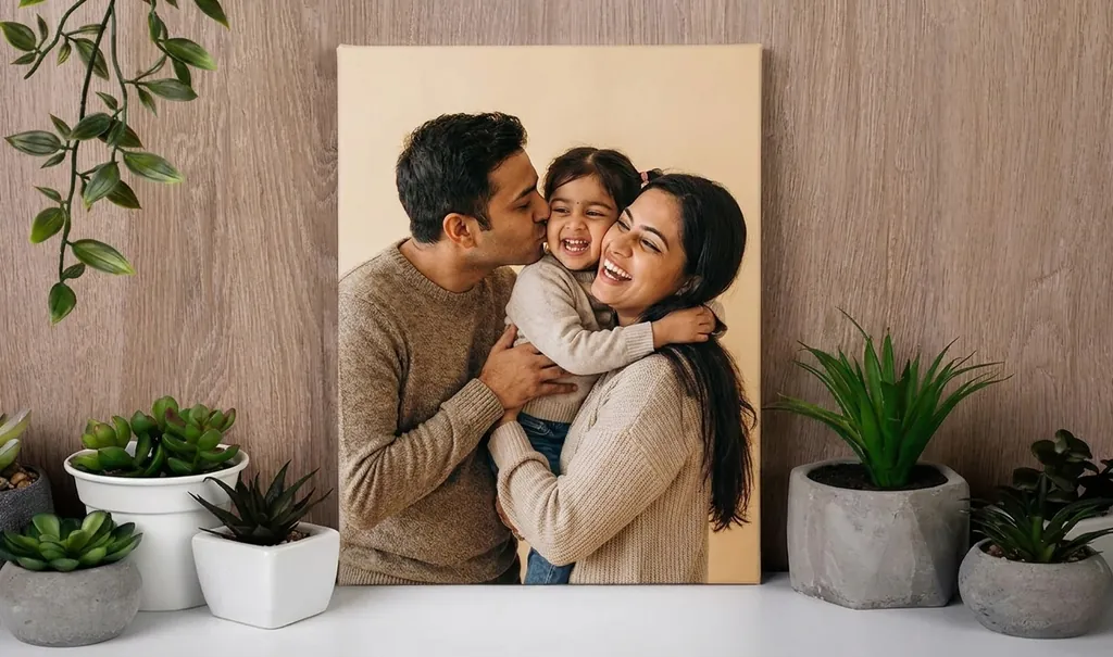 A canvas print of a family hug, leaning among plants