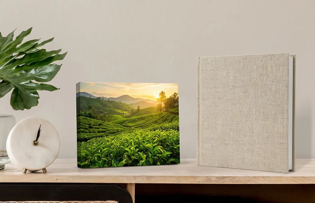 Canvas prints of a family on a wall above a side table